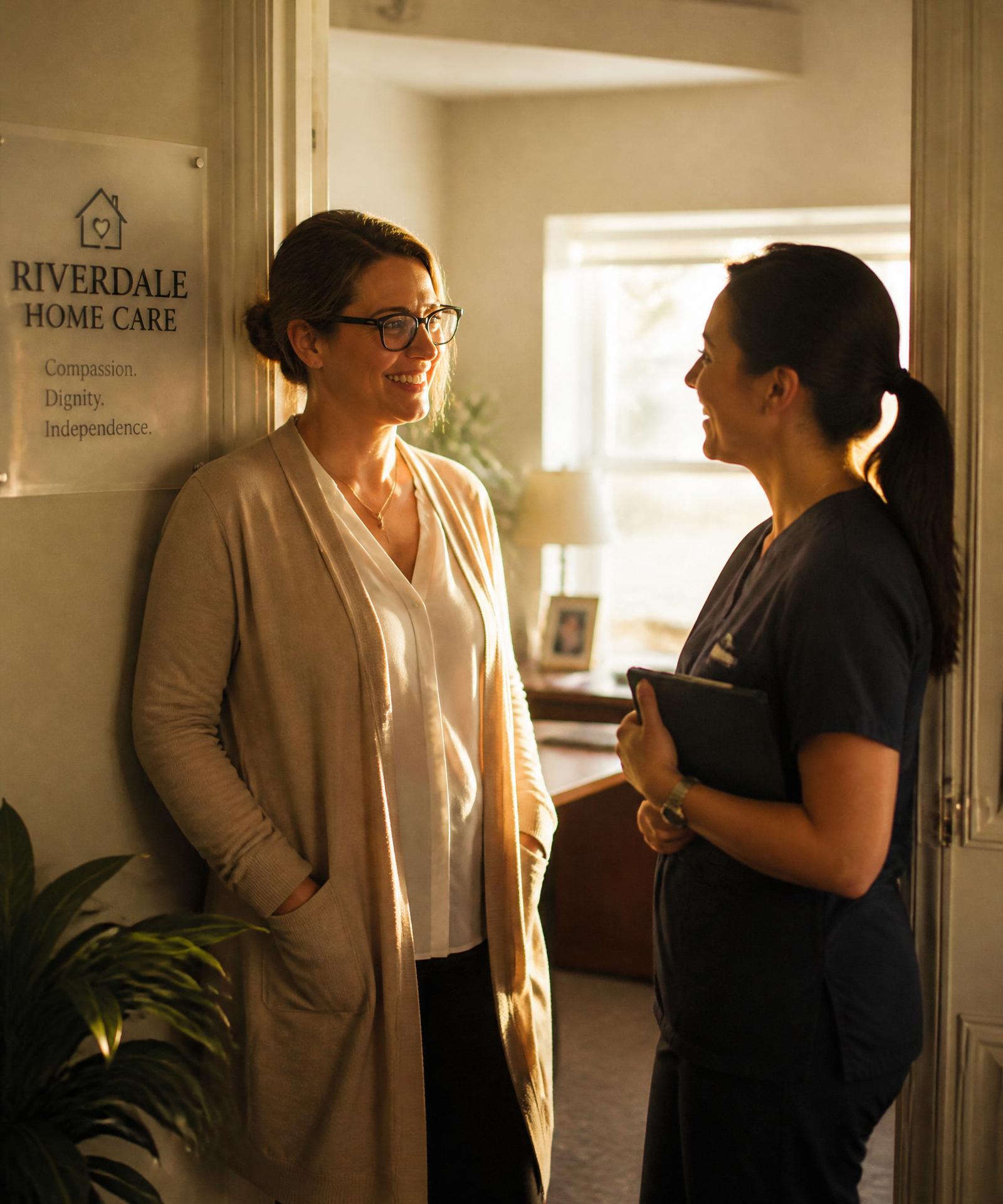 An agency owner and a caregiver colleague talking in warm morning light.